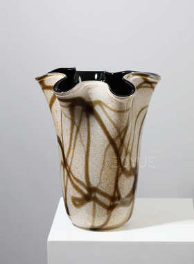 中古风棕色不规则条纹大口琉璃花瓶创意轻奢样板间诧寂风艺术软装