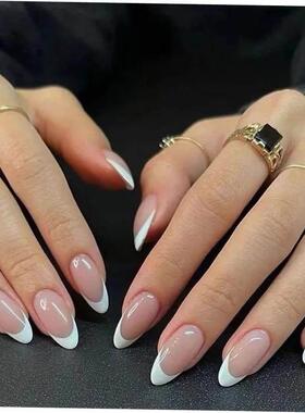 24Pcs French False Nails Almond Fake Nails with Glue Press o