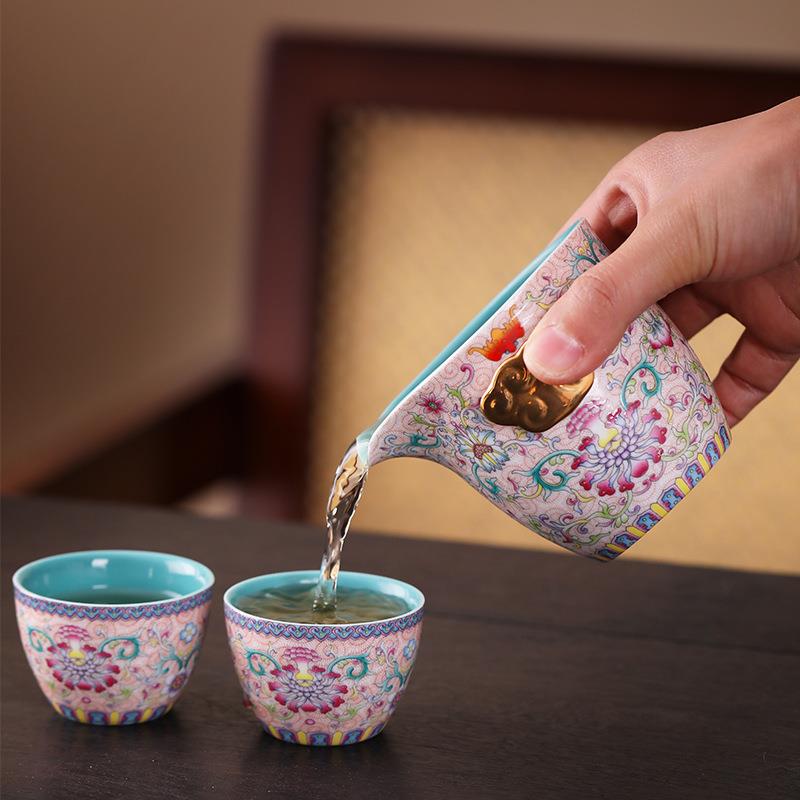 珐快琅富彩花开旅X2406070行茶具一贵壶二杯便携客杯户外喝茶过滤