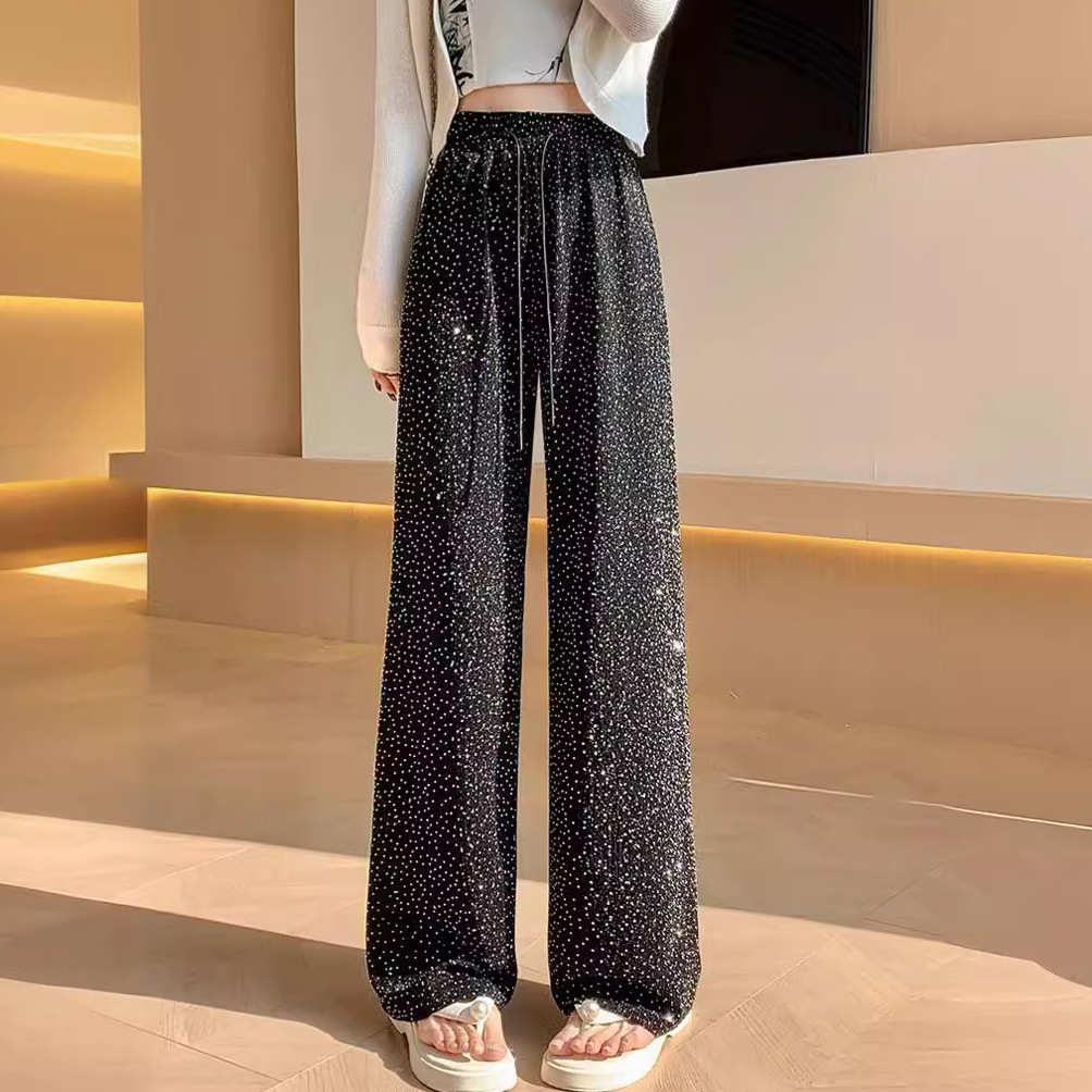 闪闪星空亮钻阔腿裤女2025高腰遛弯垂感长裤薄款肌理感抽绳直筒裤