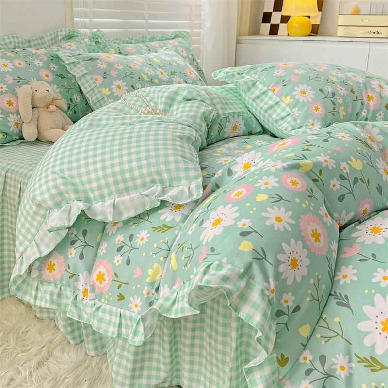 园风绿色小碎花套被磨毛床上四件套花边XFhHr6rC主床品宿舍床单田