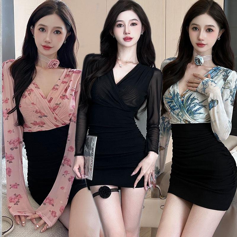 名媛气质包臀连衣裙秋季新款低胸性感夜店女装修身显身材技师工衣