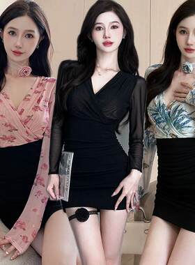 名媛气质包臀连衣裙秋季新款低胸性感夜店女装修身显身材技师工衣