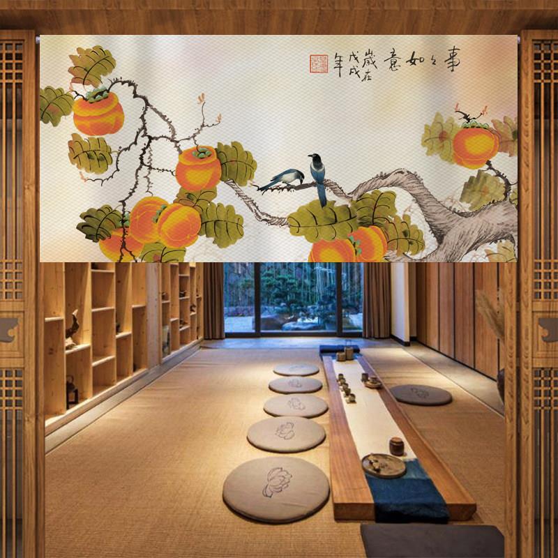 中式山水门帘家用免打孔半帘短帘玄关客厅背景遮挡帘柜子隔断挂帘