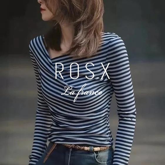 ROSX法式复古蓝白条纹斜领荡领长袖T恤女春季收腰褶皱设计感上衣