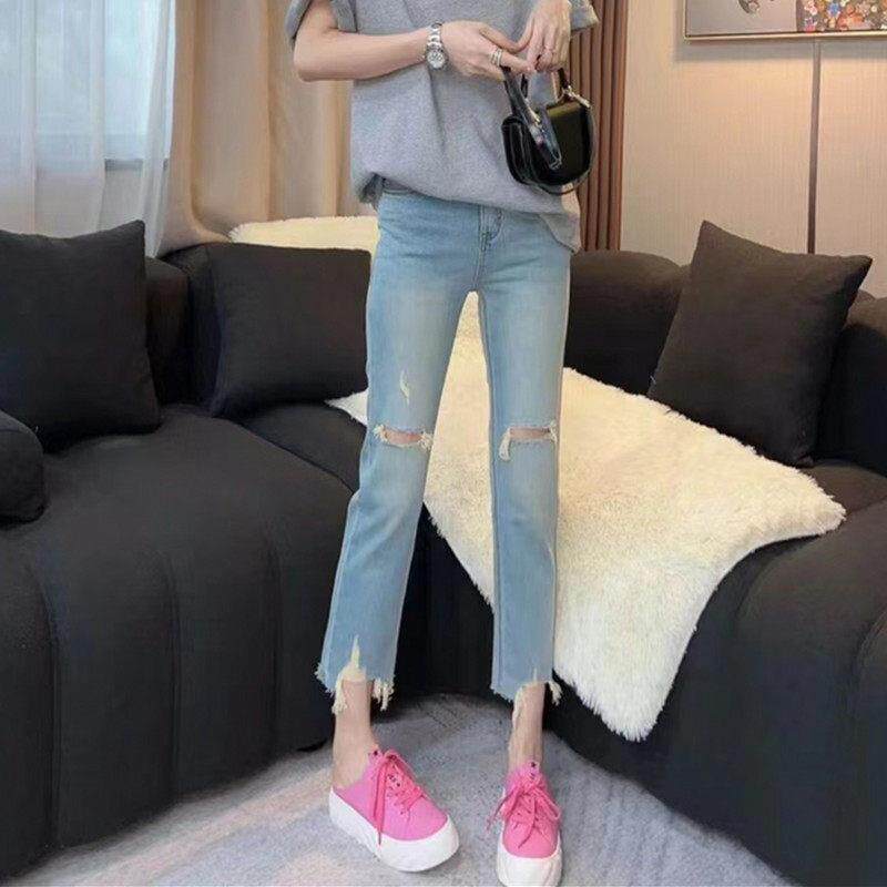 薄款乞丐破洞毛边牛仔裤女2025年夏季新款胖mm显瘦直筒九分烟管裤