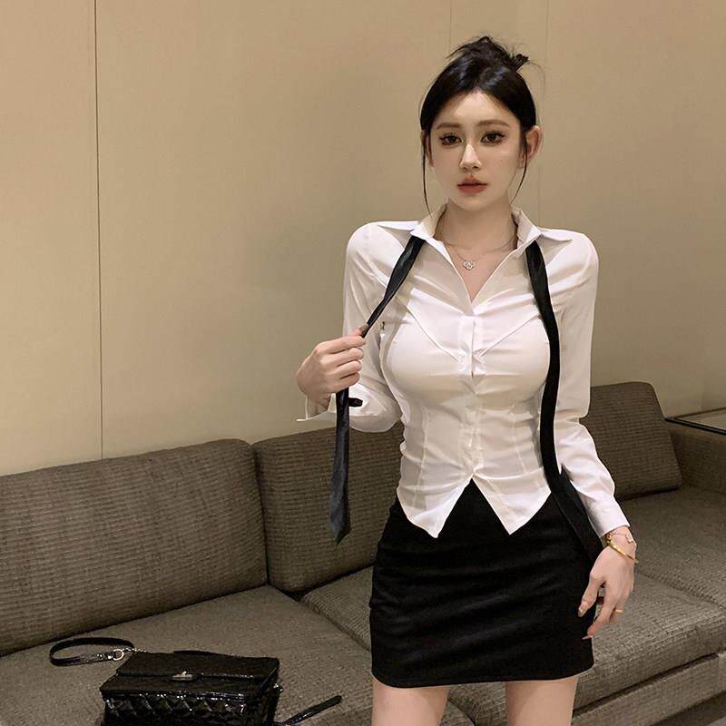 纯欲辣妹收腰白衬衫女春制服套装修身显瘦领带上衣长袖性感衬衣