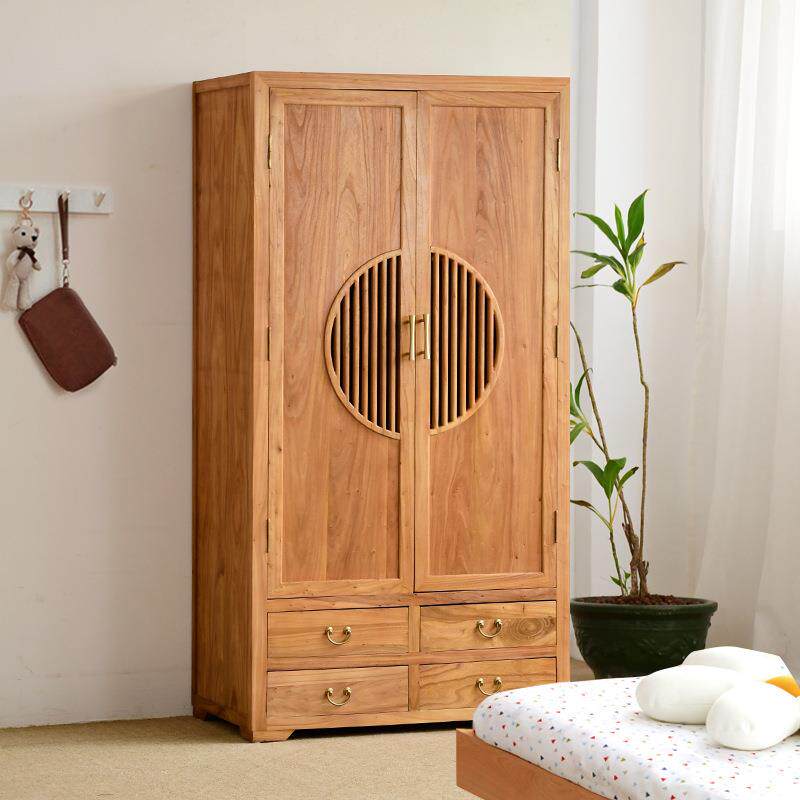 中式双开门衣柜家用卧室挂衣柜实木衣橱挂衣服储物柜老榆木衣帽柜
