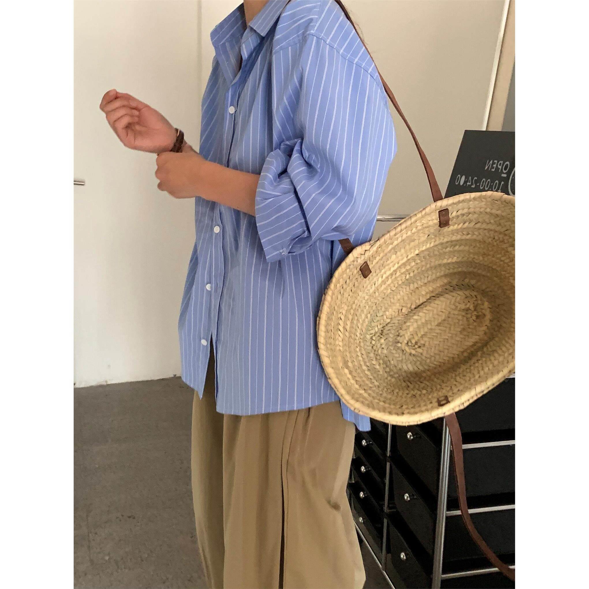 NextMary蓝色长袖条纹衬衫女春季高级感休闲衬衣外套宽松叠穿上衣