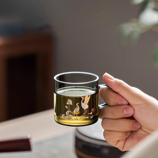 玻璃小茶杯耐高温家用青灰色带把手品茗杯喝茶小杯子功夫茶具套装