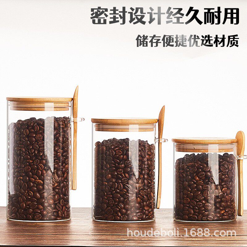 玻璃密封罐调味瓶配木盖木勺厨房调料罐糖果咖啡家用储物容器