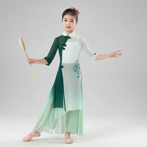 正品出儿童古典舞蹈服舞女童旗袍服身韵飘逸纱衣练民族舞功服扇子
