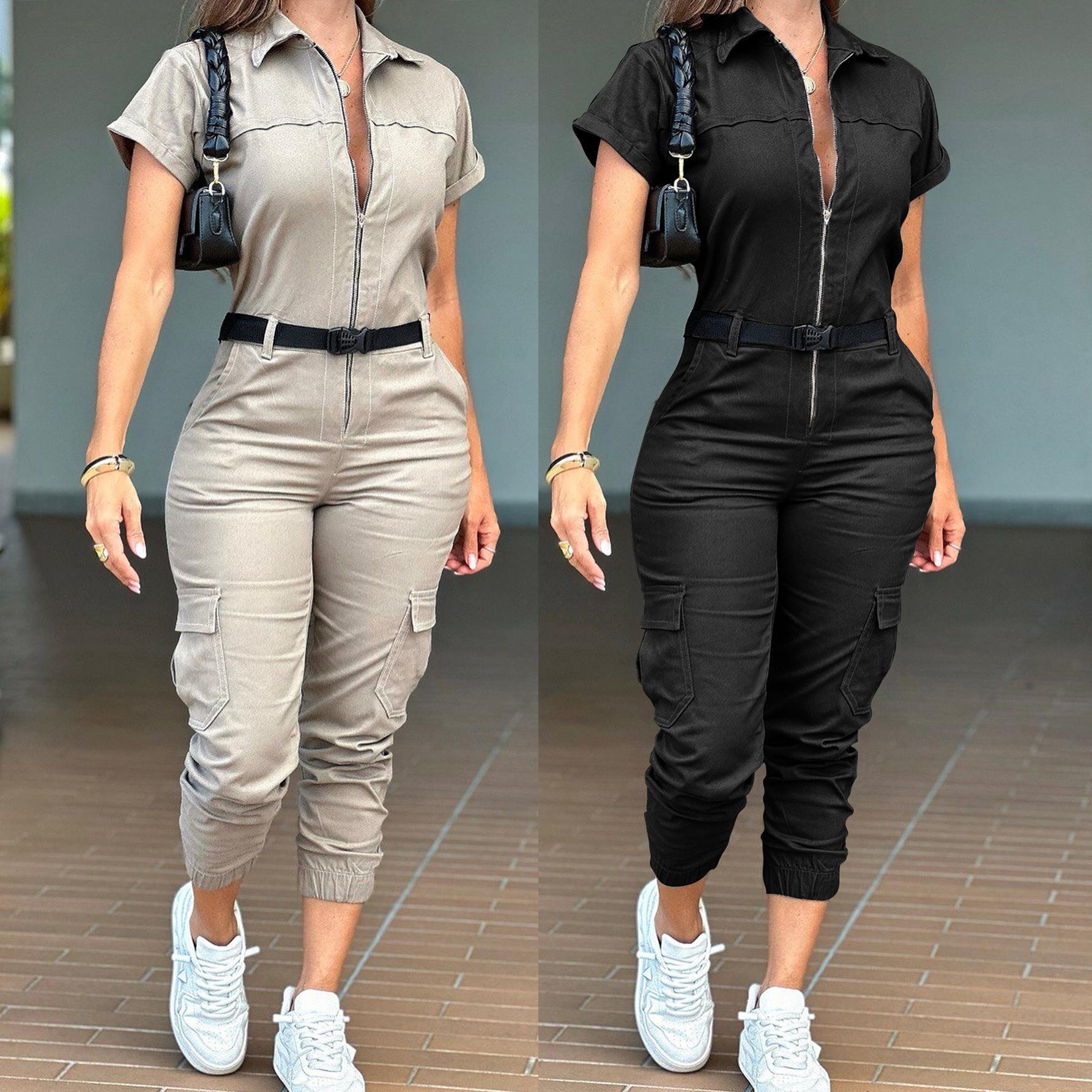 2025 New Women's Fashion Zipper Jumpsuit Short Sleeve Lapel