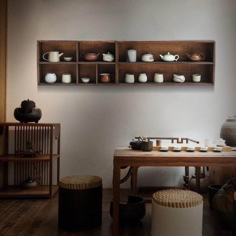 实木砂博古架层架壁挂茶杯收置纳壶层架摆件展示架墙CF-301上物架