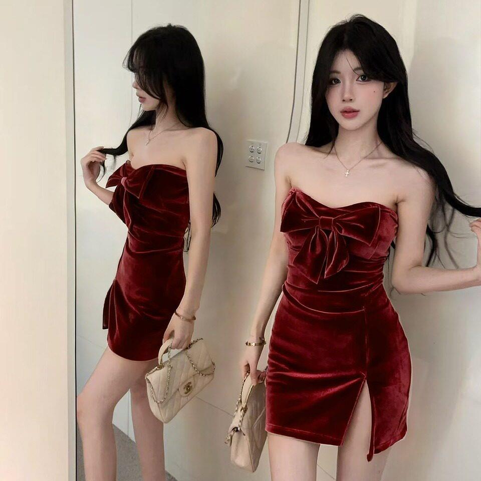 裙子女装气质性感抹胸蝴蝶结带胸垫连衣裙女高级感红色丝绒包臀短