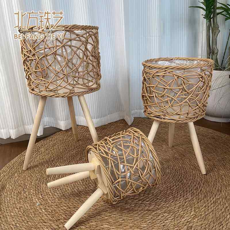 编织花盆客厅盆栽装饰品花架仿藤阳台落地式植物花篮室内置物架