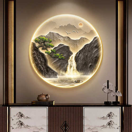 新中式入户门玄关装饰画流水生财圆形山水挂画寓意好走廊过道壁画