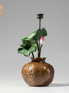 铜金岁月出水芙蓉荷花黄铜摆件荷叶花艺铜摆件家居客厅彩铜工艺品