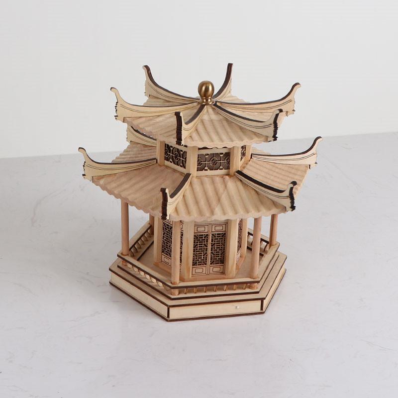 新中式禅意书房摆件创意木质凉亭建筑屋檐样板房间办公桌软装饰品