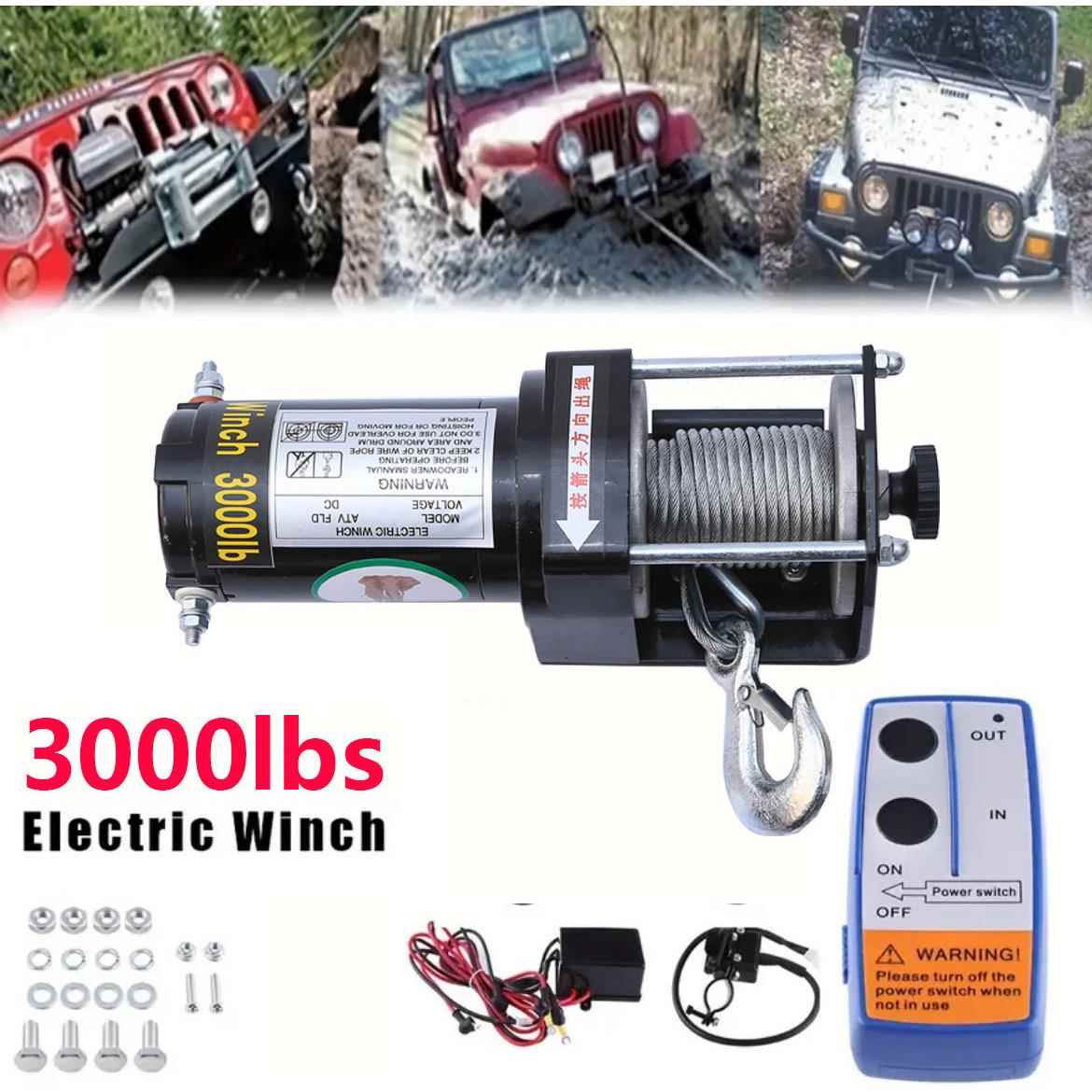 厂家直销12V24V3000磅沙滩车电动绞盘直流电绞盘钢丝绳电动绞盘