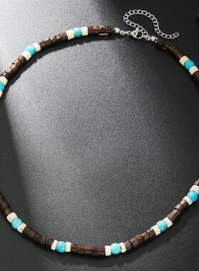 Summer necklace for men欧美跨境新款天然椰壳木珠拼接男士项炼