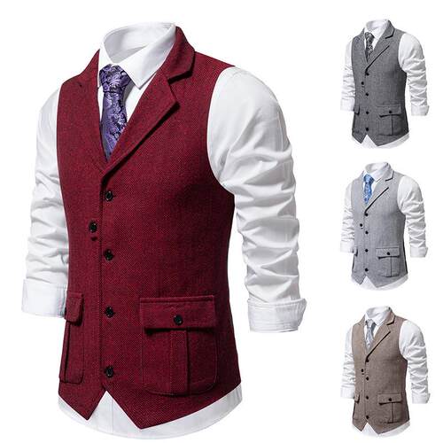 Men's herringbone woolen suit vest, lapel vest,