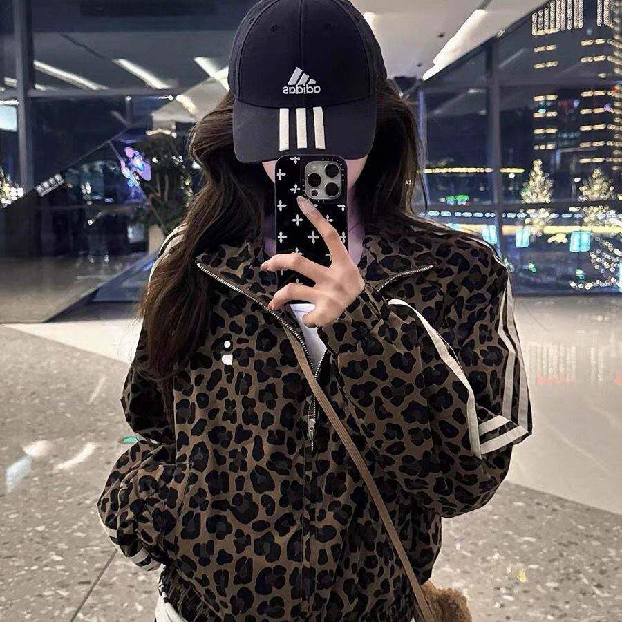 豹纹立领撞色条纹夹克外套女春秋新款卫衣小众高级感短款拉链开衫