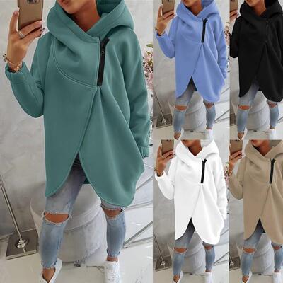 Women Hooded Sweatshirt Zip Asymmetrical Hem Breathable