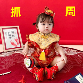 周岁礼服女宝宝秋冬款红色中国风一岁抓周宴礼服，婴儿包p中式唐装