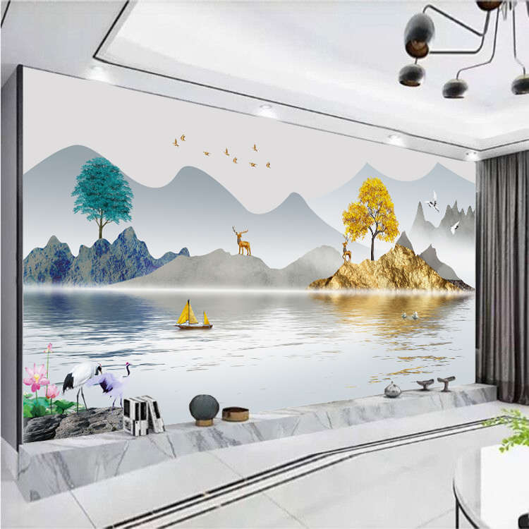 家和万事兴客厅沙发影视墙电视背景墙布壁布壁纸山水风景画新中式