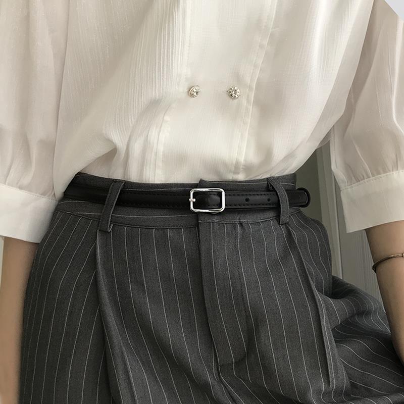 日本真皮复古银扣小皮带简约百搭装饰细腰带配西装裙女士牛仔裤