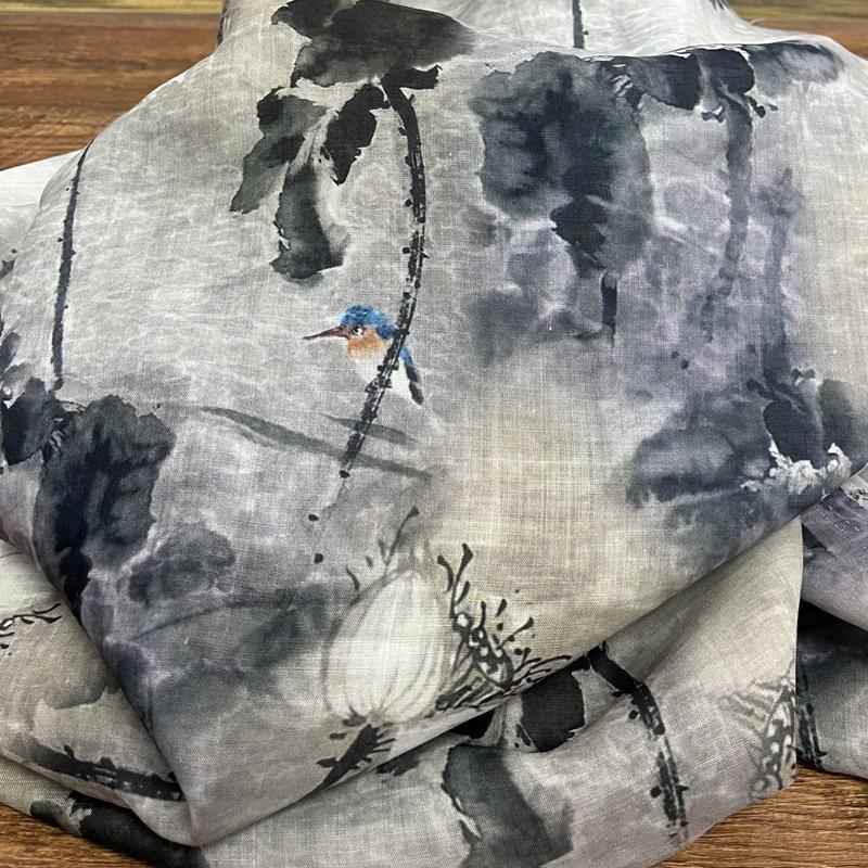 布久以逅麻料苎麻染墨印花面料半身裙袍子汉服连衣裙布料新 染墨