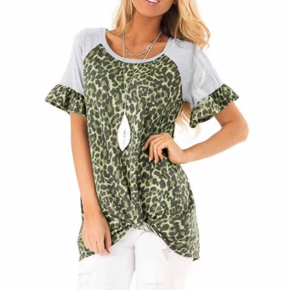 trumpet round neck print short T-shirt leopard Womens