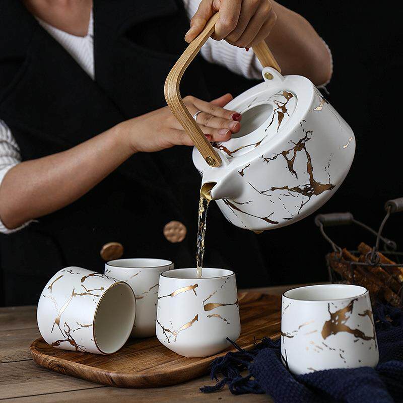 大理石纹家用茶具套装日式黑白陶瓷下午茶杯配相思木底托茶壶