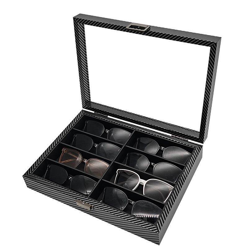 现货碳纤纹木质8位眼镜收纳收藏展示盒8个装墨镜太阳镜收纳盒