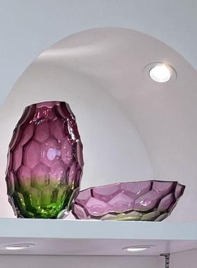 高档轻奢紫色琉璃艺术水果盘创意客厅桌面装饰磨刻水晶花瓶花器