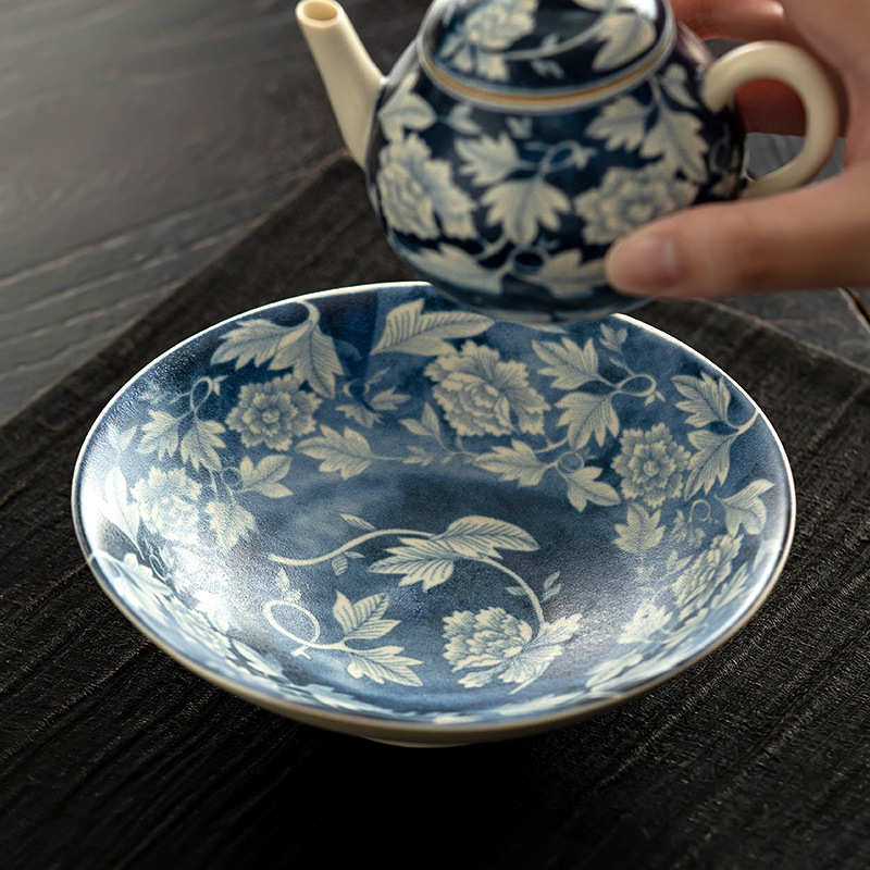 苏打釉元青花国色壶承家用陶瓷功夫茶具复古茶壶托盘茶托养壶垫