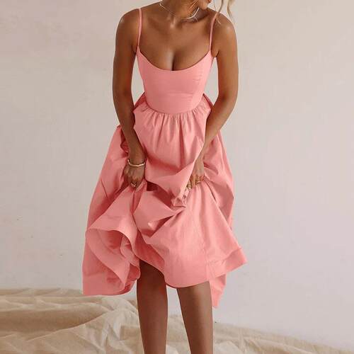2025 Summer Spring Dress Solid Color U Collar Fitted Waist