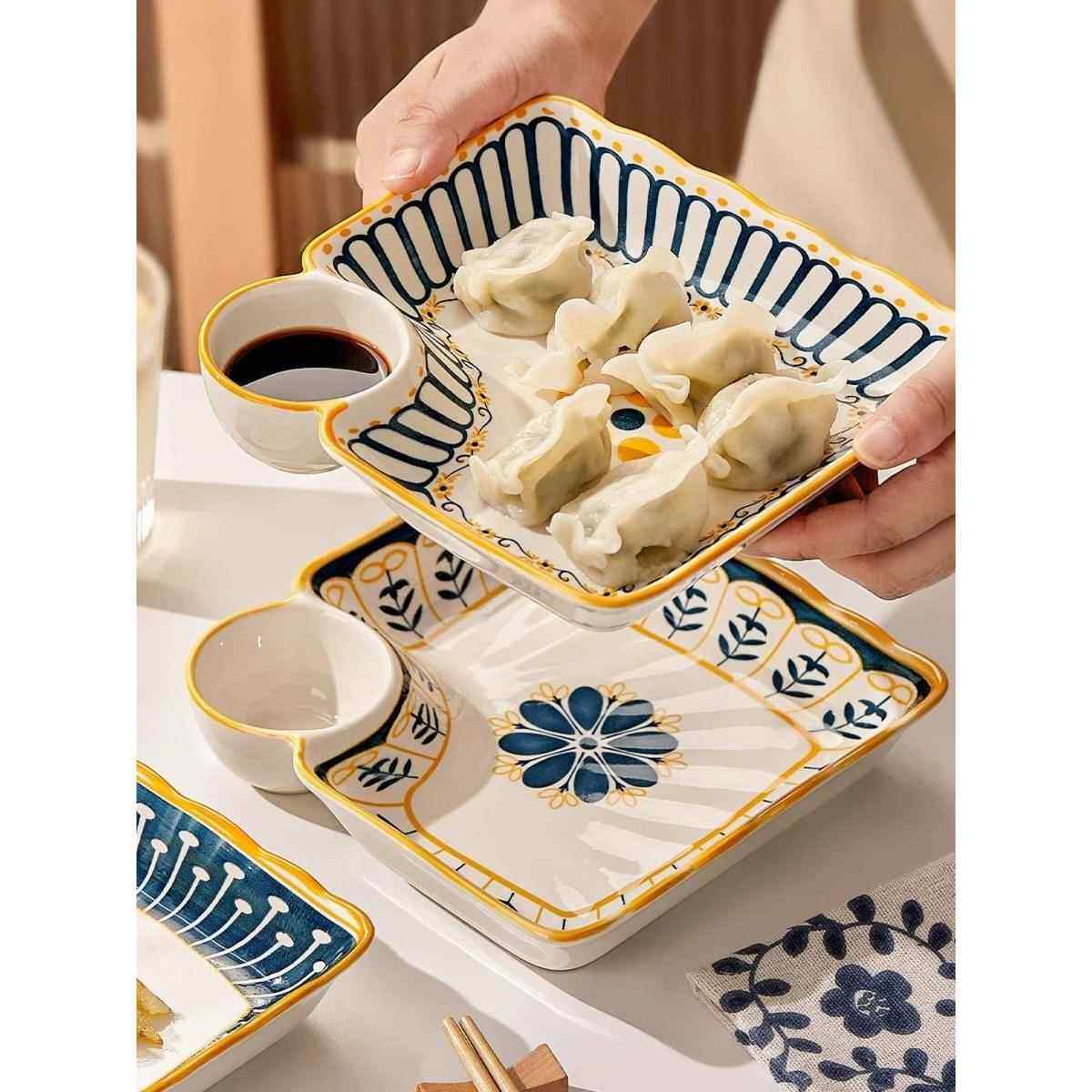 饺子盘子带醋碟家用陶瓷碟子早餐盘分格餐盘高级感煎饺水饺专用盘