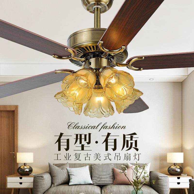 美式简约吊扇灯LED餐厅客厅灯铁叶传统复古卧室风扇跨境110V灯具