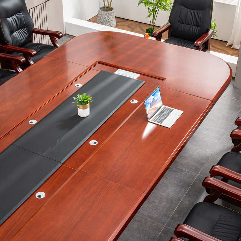 会议室大型椭圆会议长桌条形实木皮洽谈桌中式简约培训台桌椅组合