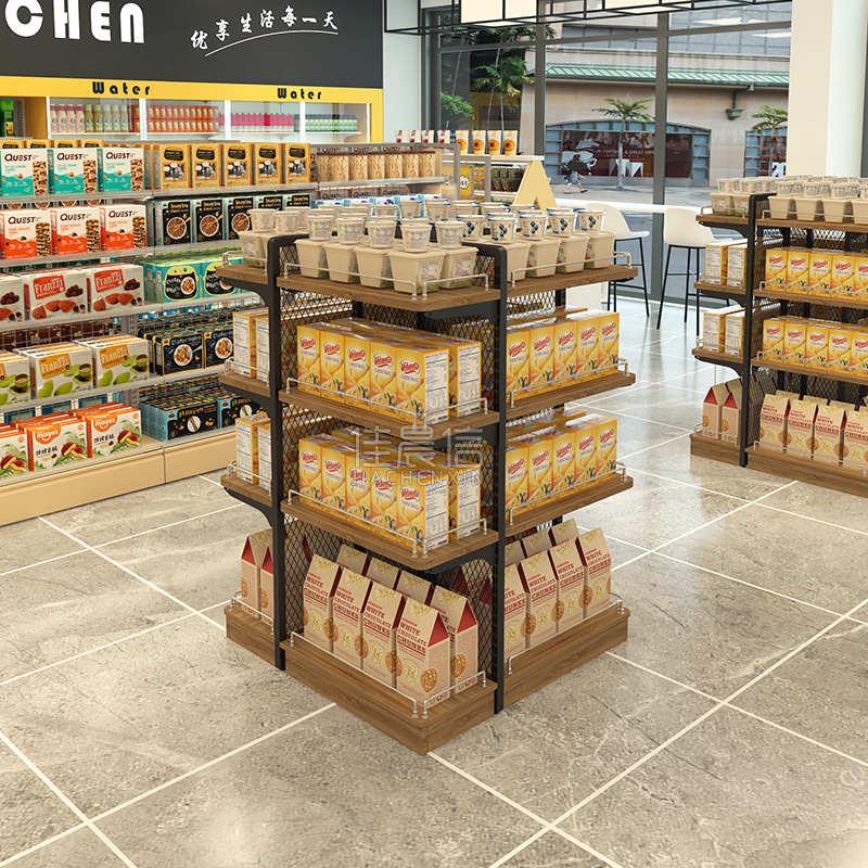 佳晨信零食店展示架便利店超市专用货架钢木款四向中岛展示柜多层