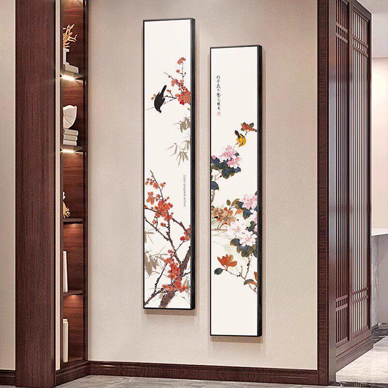 新中国风入口装饰画，门到门梅花牡丹客厅挂画花鸟竖版长壁画