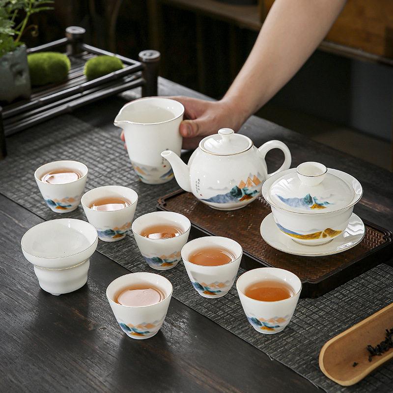 晟翔陶瓷家用茶具茶杯复古茶具套装千里江山盖碗茶壶11头简约