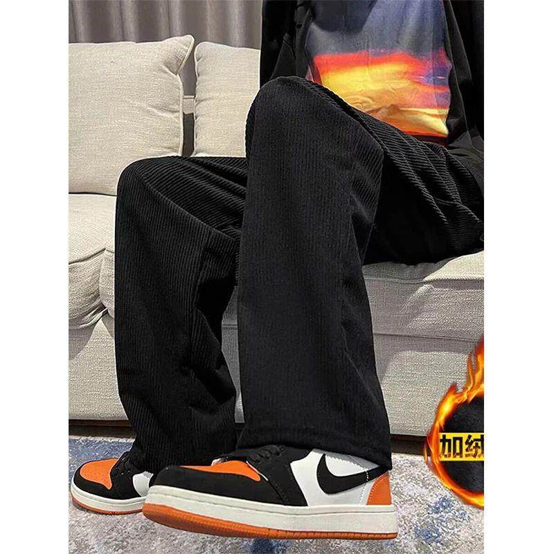 Autumn Winter Elastic Waist Corduroy Wide Leg Pants Men Soli
