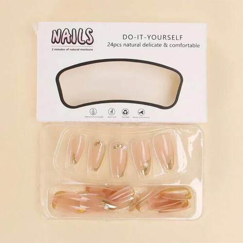 24Pcs French Gold Edge Wearable Almond Press on Fake Nails S