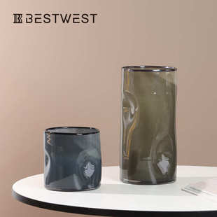 样板房茶绿色直筒按坑玻璃花瓶现代简约轻奢高级感客厅插干花摆件