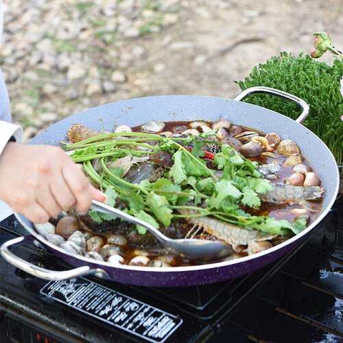 厂家直供双耳不粘锅铝制海鲜烤肉盘麦饭石涂层平底锅面向商