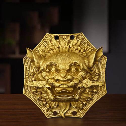 小号黄铜狮咬剑狮子头八卦镜虎头牌兽头挂件睚眦门神摆件狮子咬剑