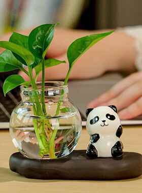 创意熊猫小花瓶摆件装饰客厅小熊猫陶瓷绿萝水养植物花瓶水培花器